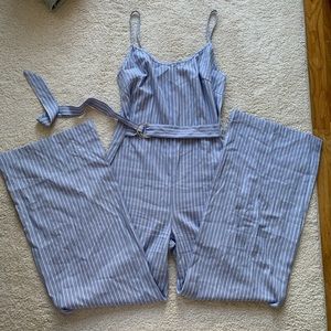 Blue and white striped jumpsuit